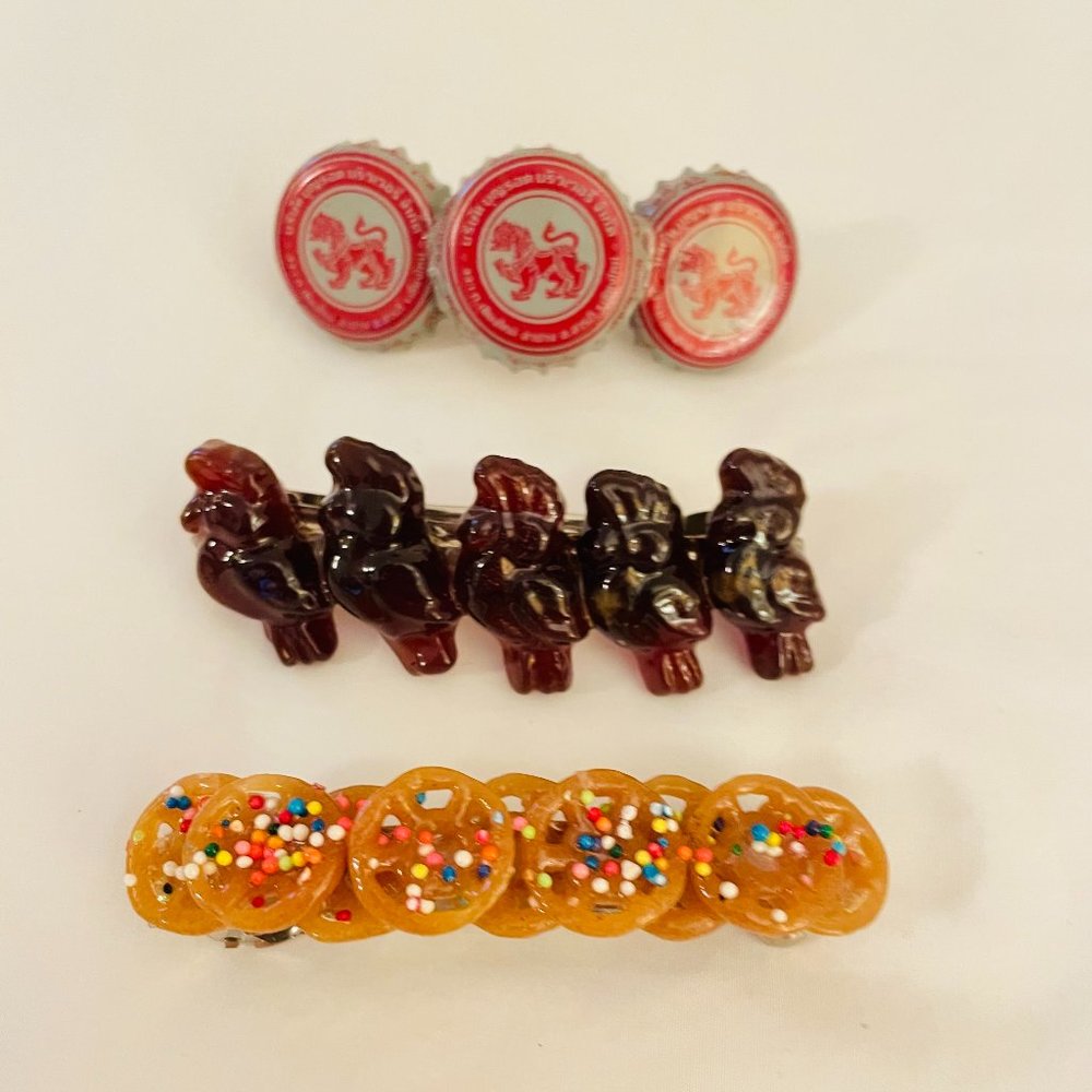 3 WHIMSICAL Unusual Hair Barretts from Thailand - Birds, Bottlecaps, Pasta! lol!